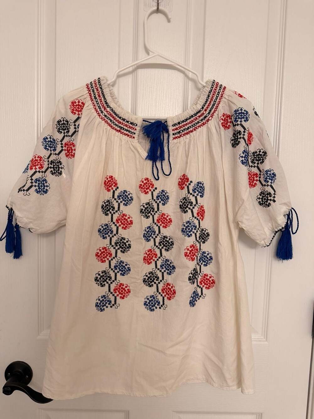 BOGO Vintage Embroidered Peasant Blouse White Red Blue Tassel Tie